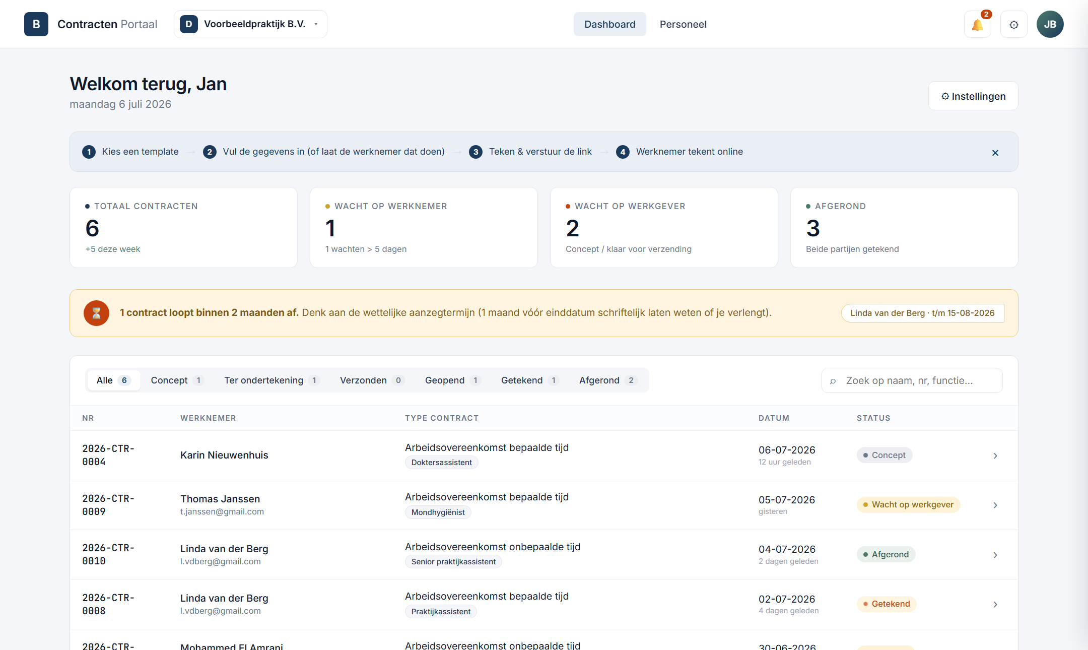 Het dashboard van OurDigitalContract met het contractoverzicht en statussen per contract.