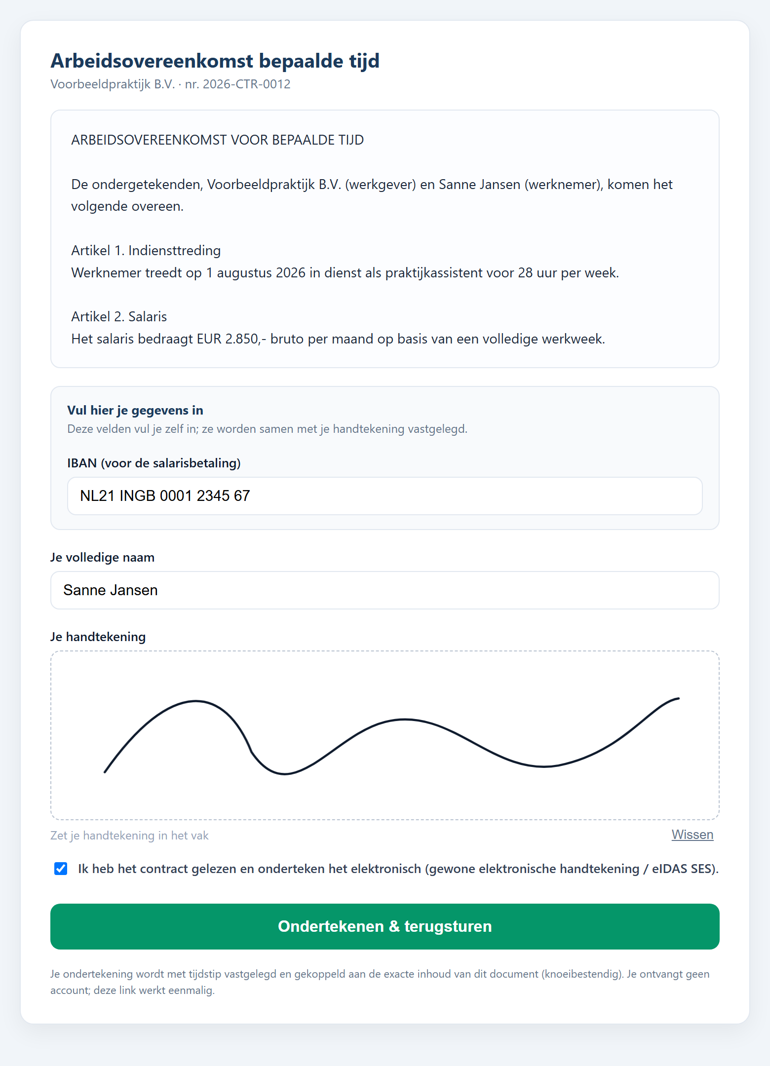De ondertekenpagina op een telefoon: de werknemer leest het contract, vult gegevens in en zet een handtekening.